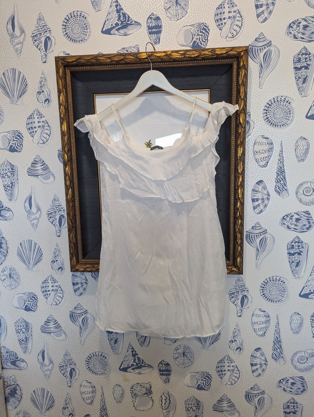Flowy Beachy Lightweight, Lined Double Ruffle-Trim White Dress Spaghetti Strap M